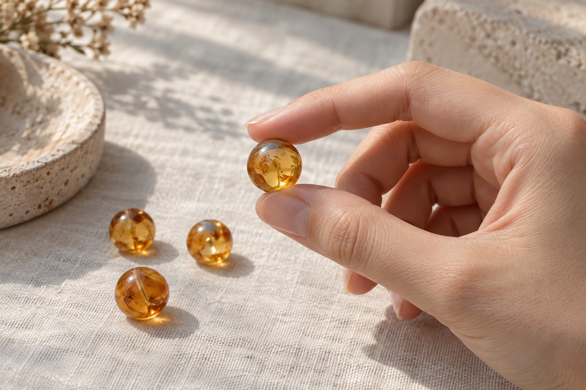 Hand holds a golden amber bead between thumb and finger above ivory linen.