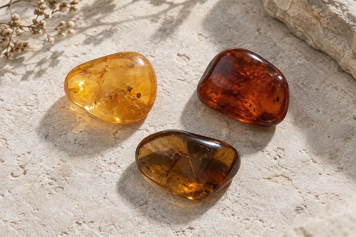 Three polished amber pieces in gold, reddish brown, and tea brown on pale stone.