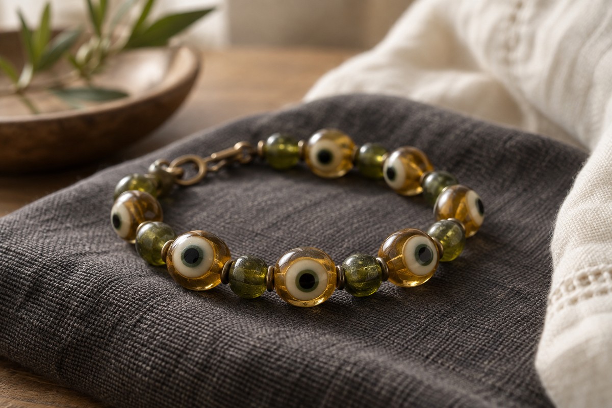 Bracelet of honey-colored eye beads and plain olive-green beads on charcoal fabric.