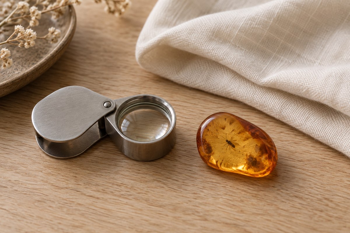 A folding hand lens and amber pebble beside an ivory cloth on pale wood.