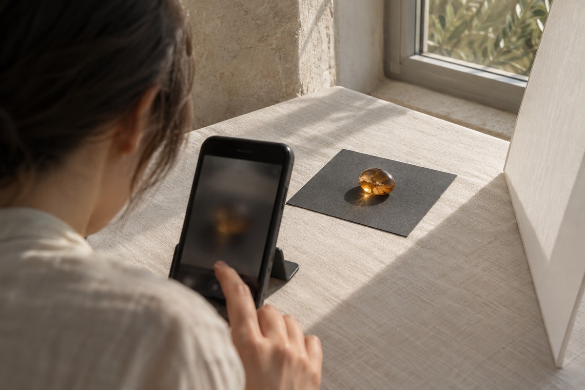Phone aimed at amber on charcoal card beside a window and a white reflector.