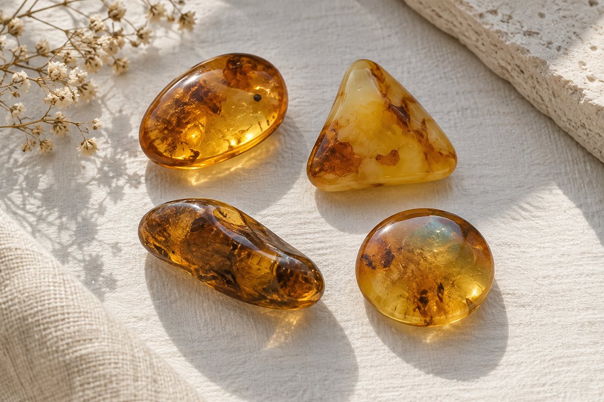 Four polished amber pieces in rounded, oval, triangular and elongated shapes.