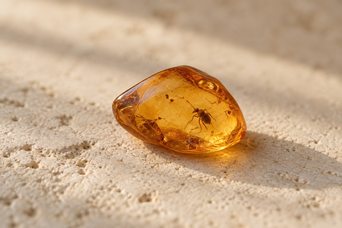 Honey-colored amber with a small dark insect on pale limestone.
