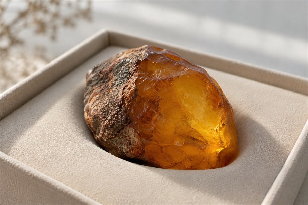 An irregular amber piece resting in a fitted neutral padded support.