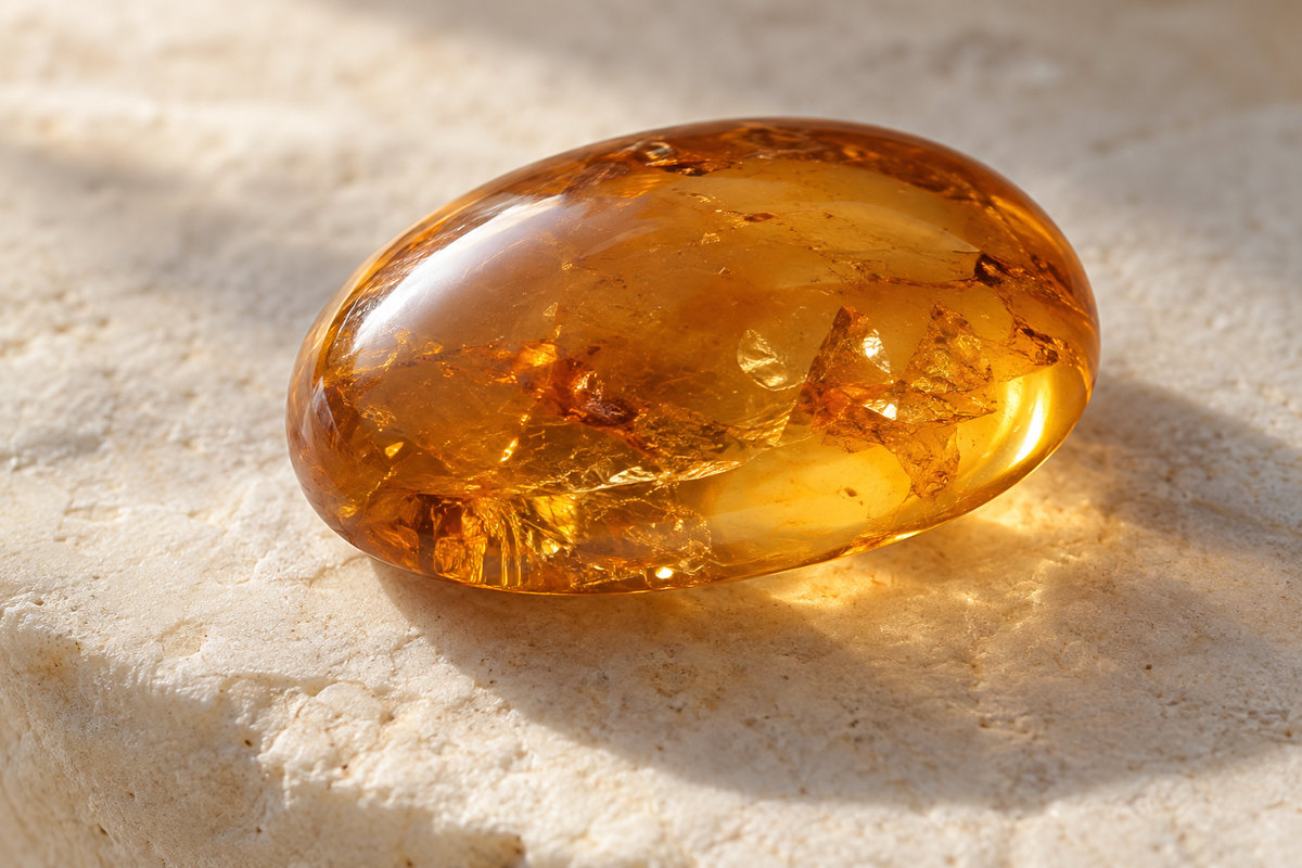 A honey resin cabochon with small flat disc-like internal reflections.