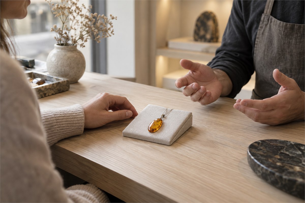 Two adults discuss an amber-colored pendant on a cloth-covered counter.
