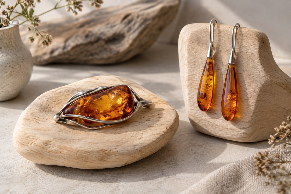 An amber brooch and a pair of drop earrings rest on pale wood.