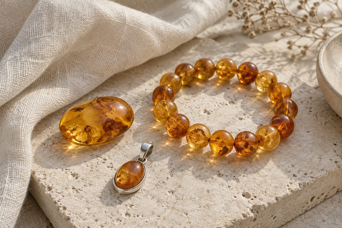 Loose amber cabochon beside a honey-colored bead bracelet and a small pendant.