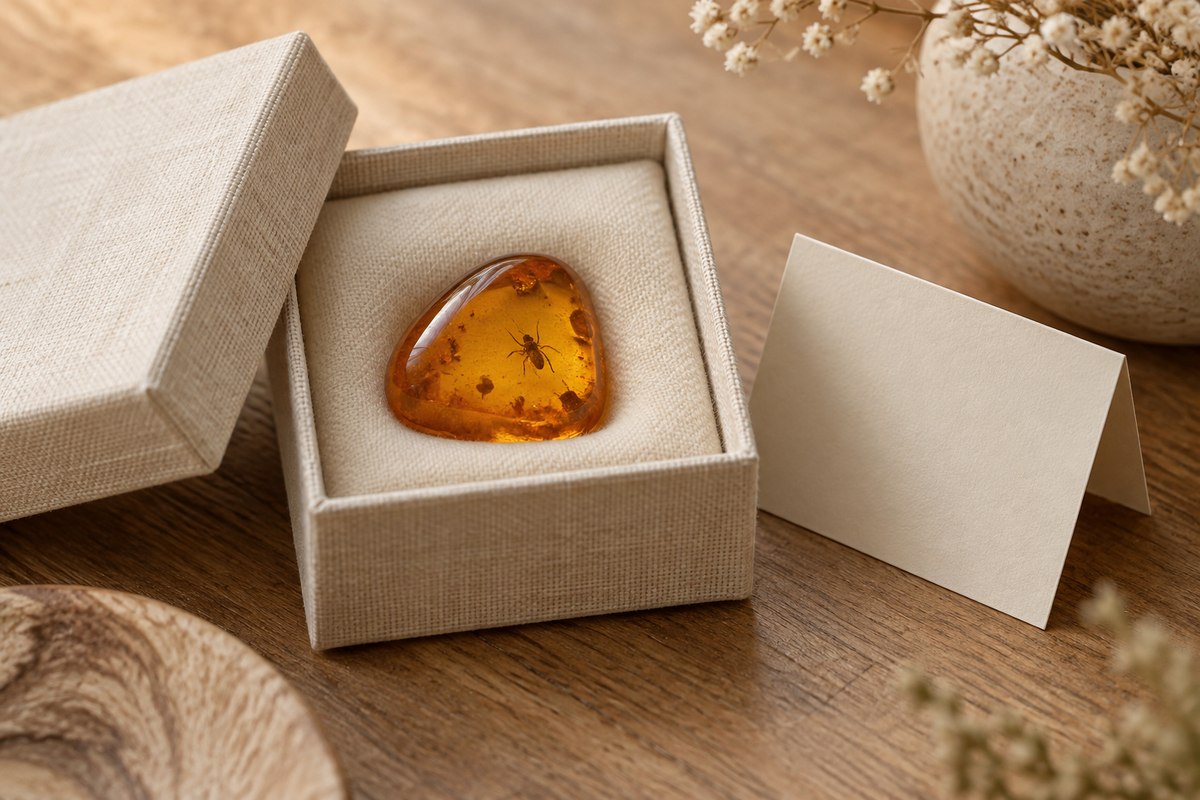 An amber pebble nestled in an open cream-colored gift box.