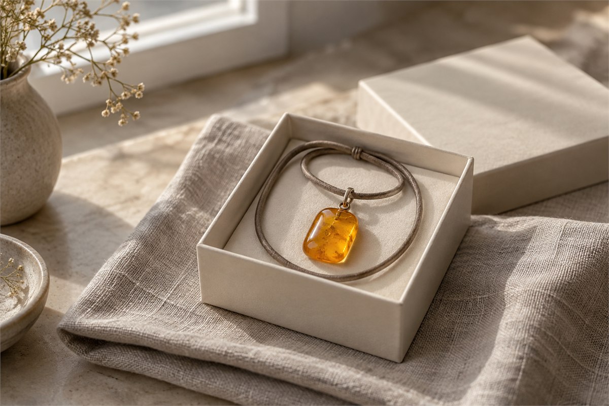 A golden rectangular pendant on a taupe cord rests inside an ivory gift box.