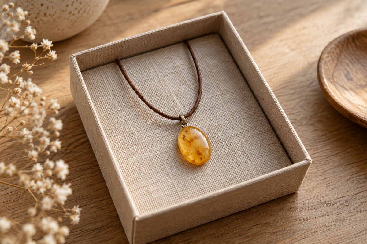 Creamy amber pendant in an open plain linen-lined gift box