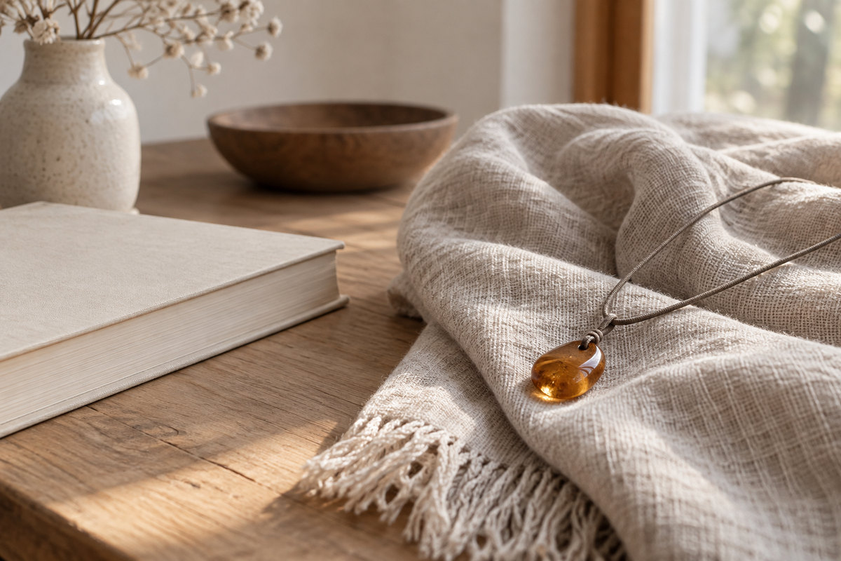 A small amber pendant on a folded linen scarf beside a closed clothbound book.