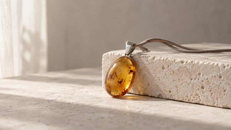 A honey-colored oval pendant leans against pale stone beside a softly lit curtain.