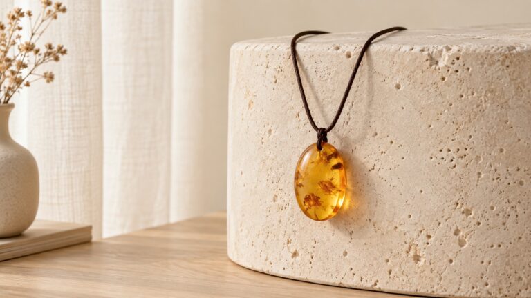 Honey-colored oval pendant on a brown cord beside an ivory curtain.