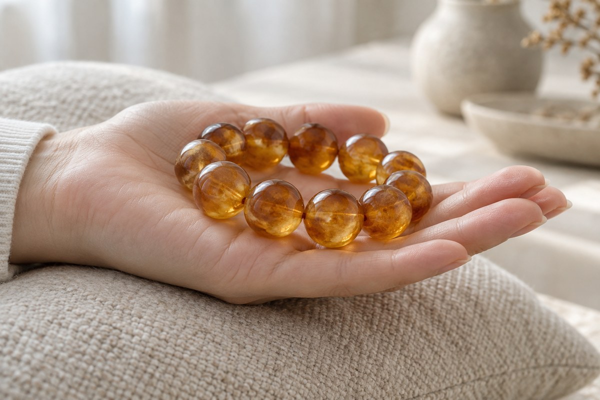 Rounded amber beads rest across an open adult palm.