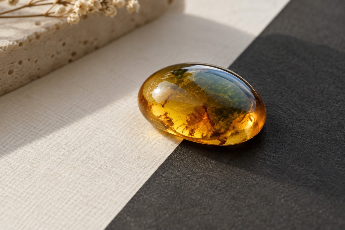 Golden amber cabochon resting across ivory and charcoal cards in daylight.