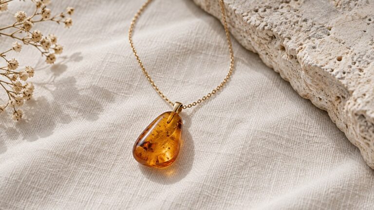 An amber pendant and fine gold-colored chain rest on ivory linen.