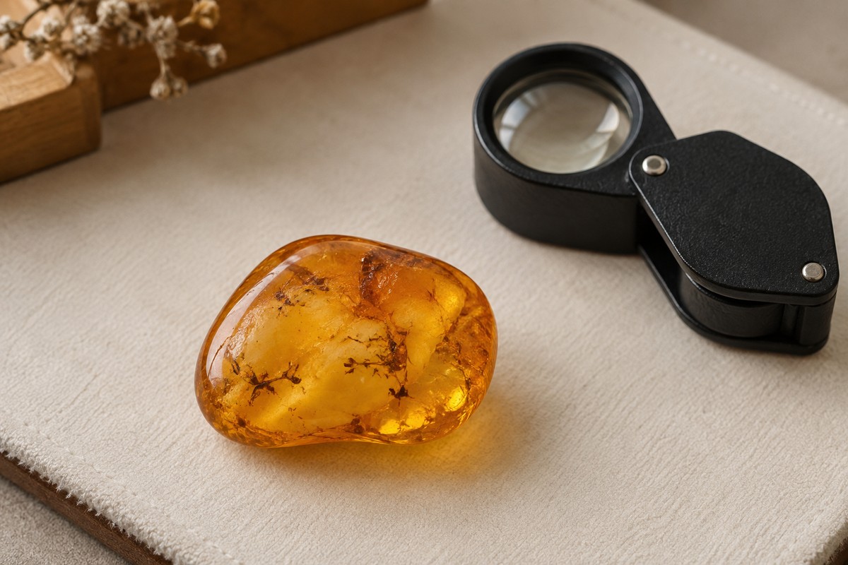 Polished amber piece beside a jeweler’s loupe on an ivory work surface