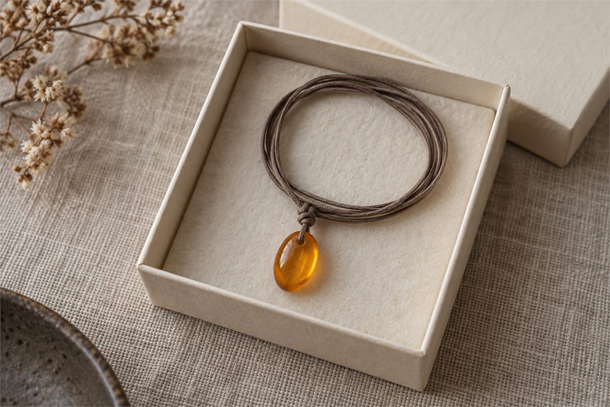 A honey-colored amber pendant in a small open cream gift box.