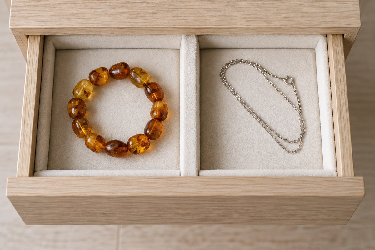 An amber bracelet and a silver-colored chain occupy separate padded compartments.