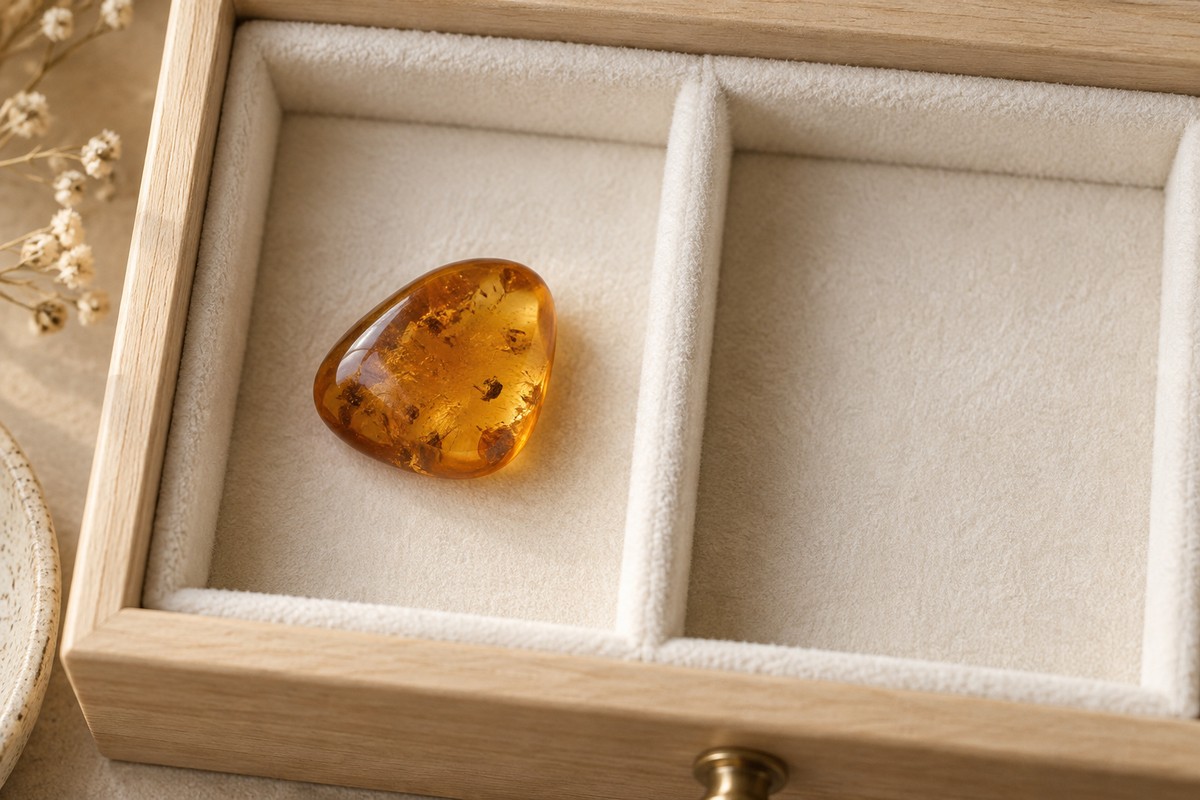 An amber piece stored alone in a padded fabric compartment.