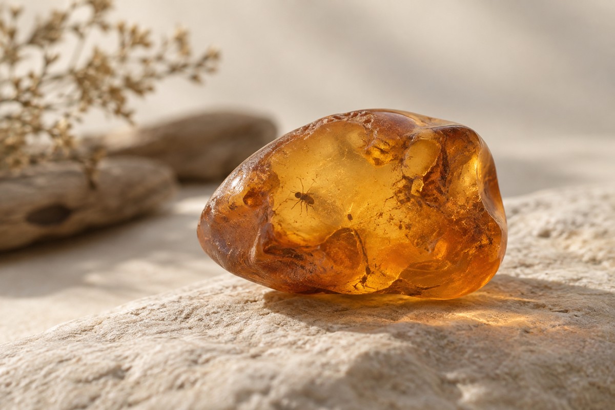 A small dark insect outline surrounded by cloudy golden resin.