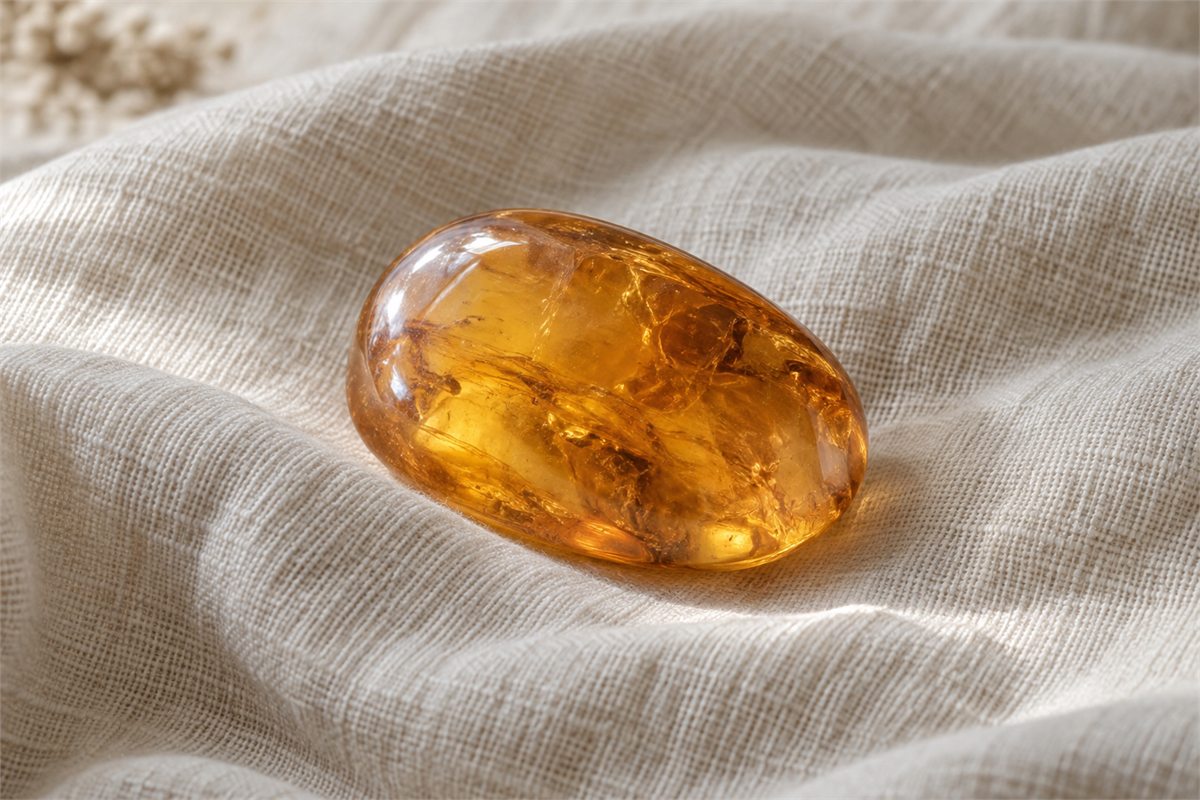A honey-colored polished amber pebble on softly folded ivory linen.