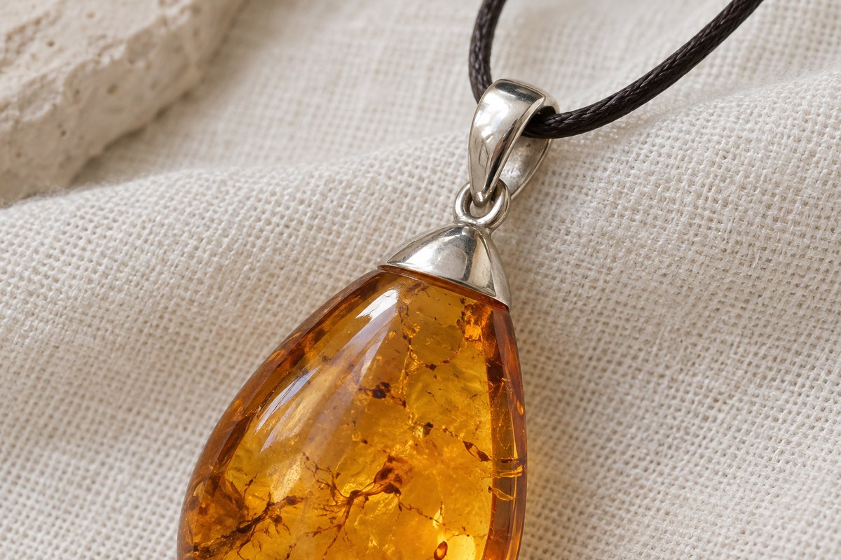 Silver-colored cap and closed bail joining a golden teardrop pendant to a dark cord.