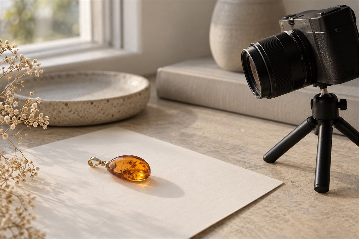 A camera on a small tripod faces a pendant placed on ivory paper near a window.