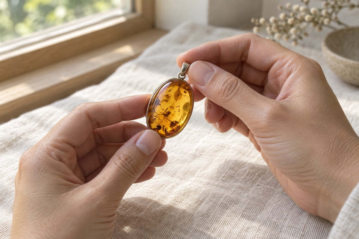 Two hands hold an oval amber pendant near a window.