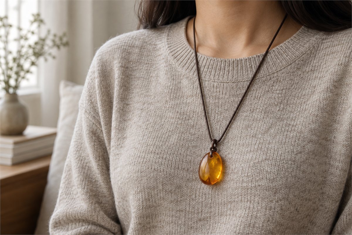 A honey-colored pendant on a taupe cord worn over an oatmeal knit top.