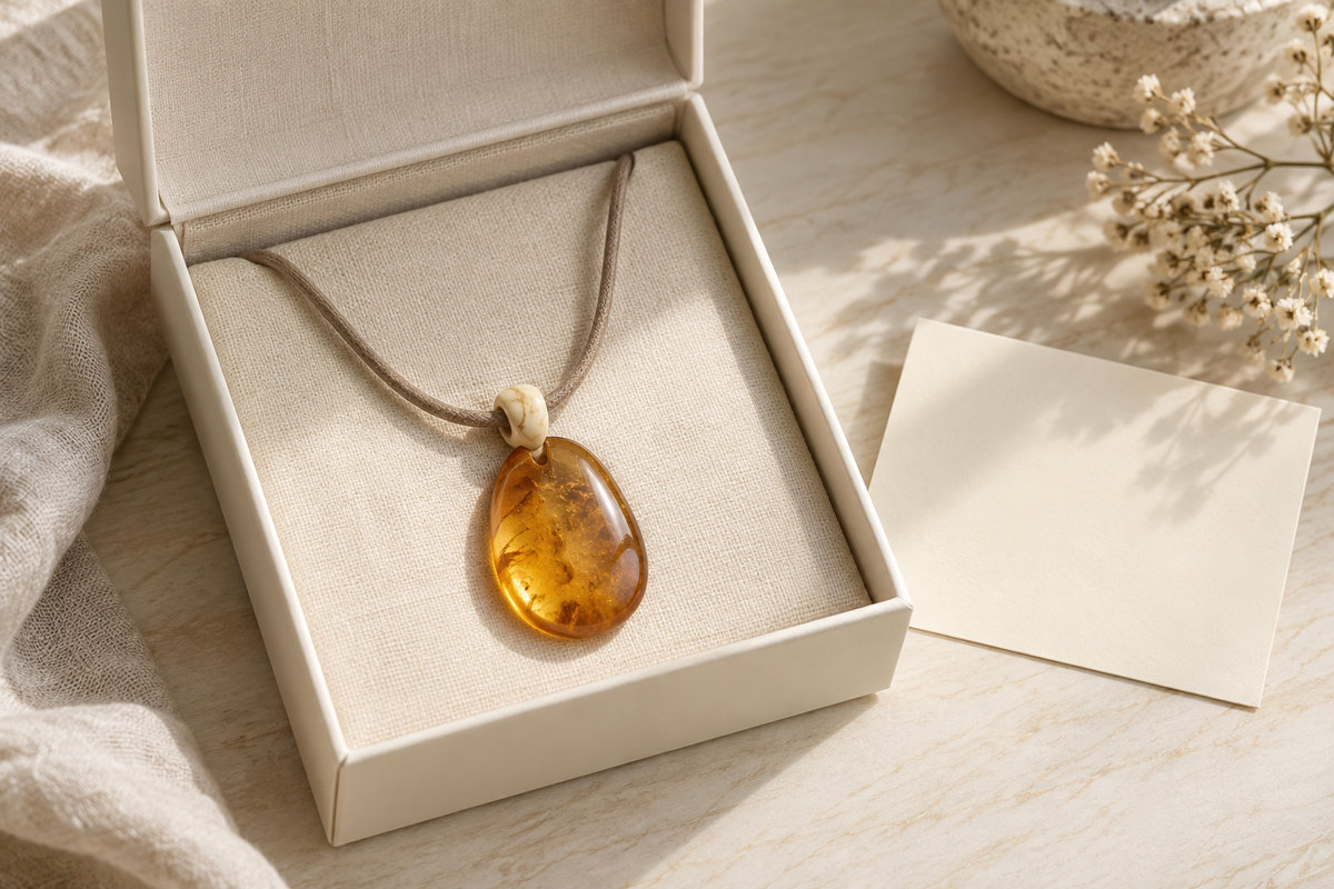 A honey-colored pendant on a taupe cord in an ivory gift box.
