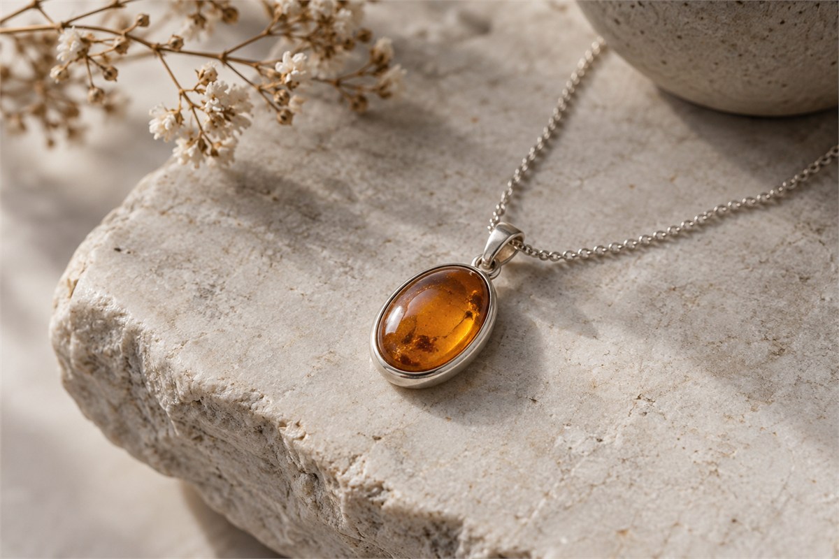 A small amber cabochon surrounded by a smooth silver bezel and a simple bail.