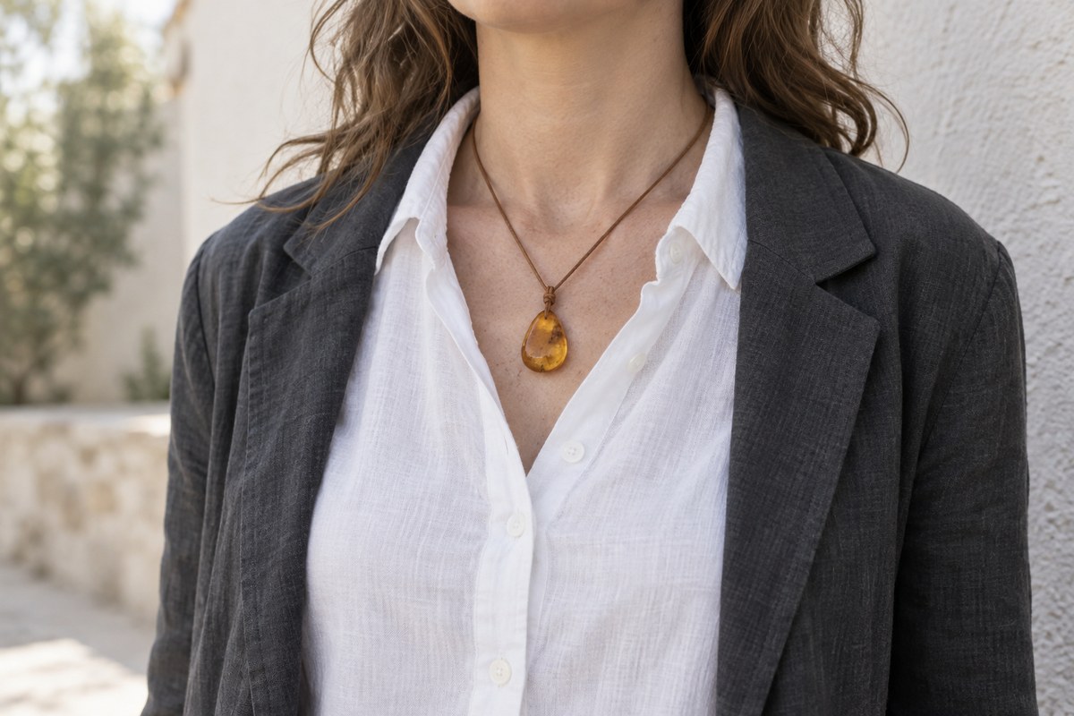 A person wears a honey amber pendant with a white shirt and charcoal jacket.