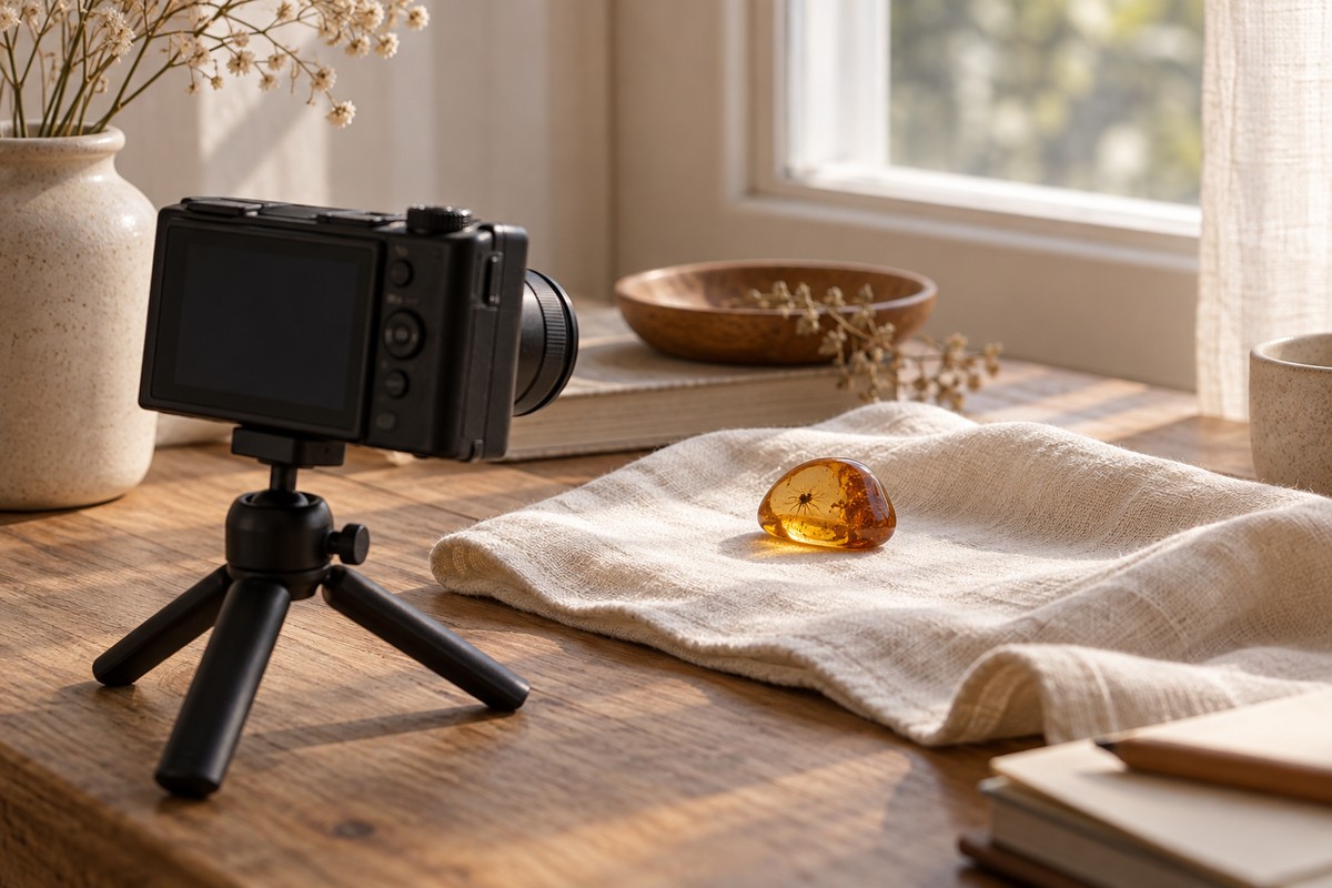 A compact camera aimed at amber on a neutral cloth beside a window.