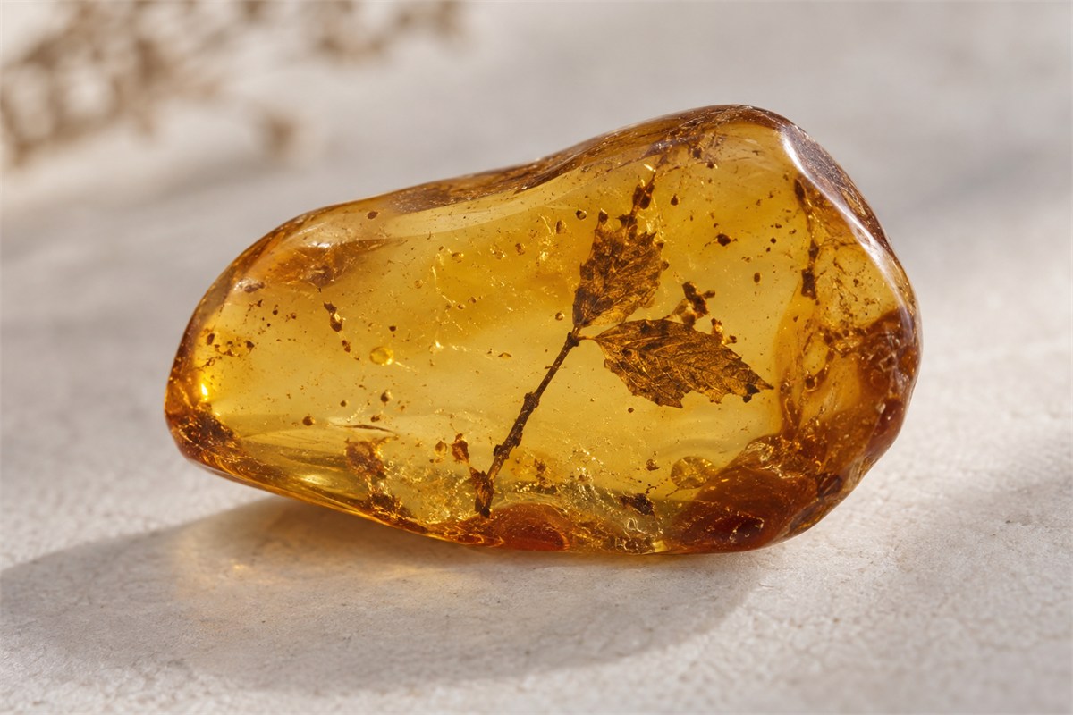 Close-up illustration of a tiny brown plant fragment enclosed in amber.