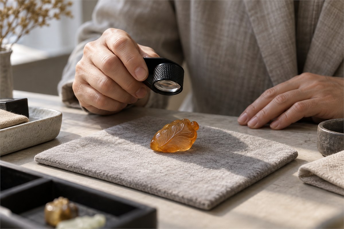 A small leaf-relief resin carving rests on felt beneath a jeweler’s loupe.