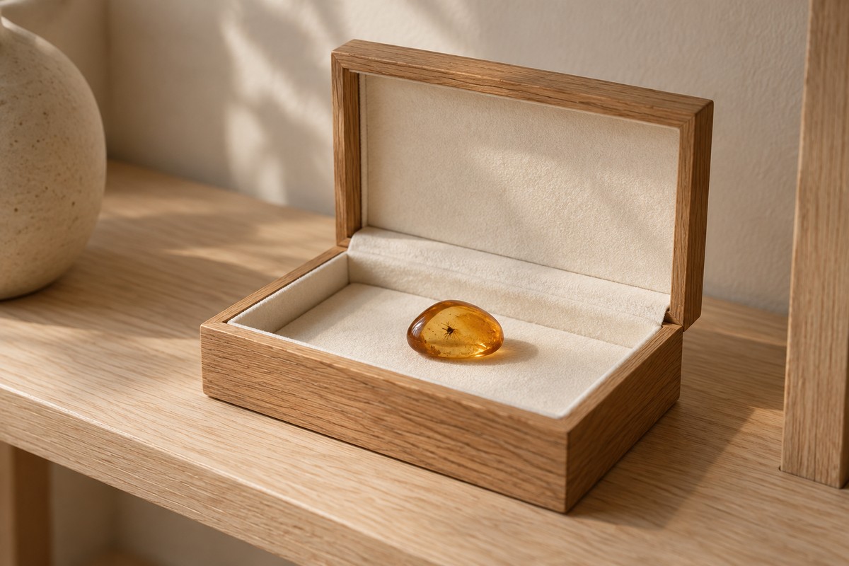 An amber pebble in a small open display box on a pale wooden shelf.