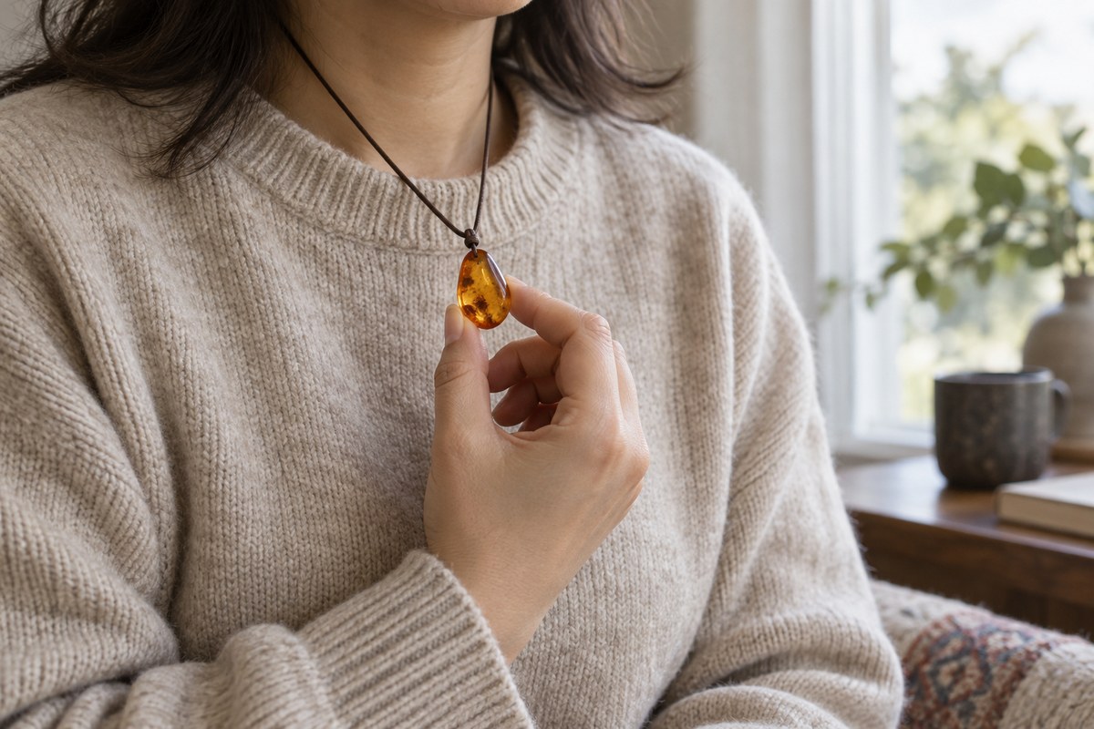 A person in oatmeal knitwear gently holds an amber pendant.