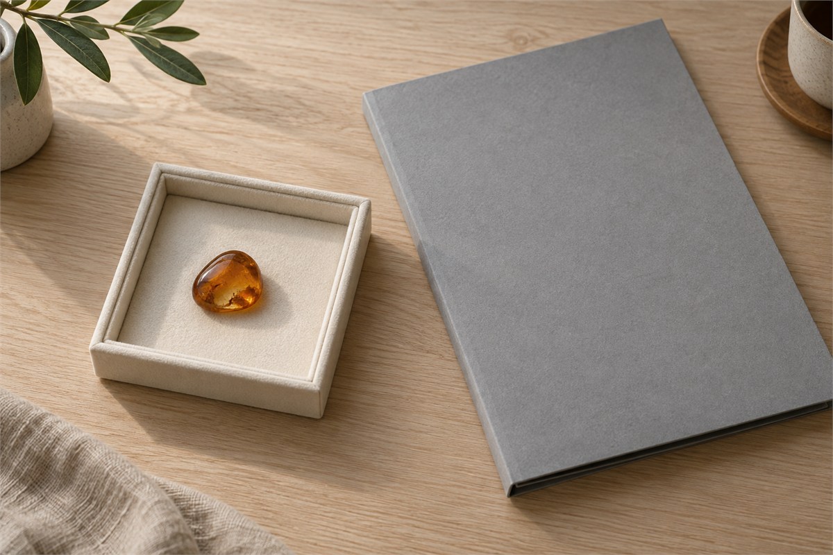 An amber piece in a small padded tray beside a closed unmarked paper folder.