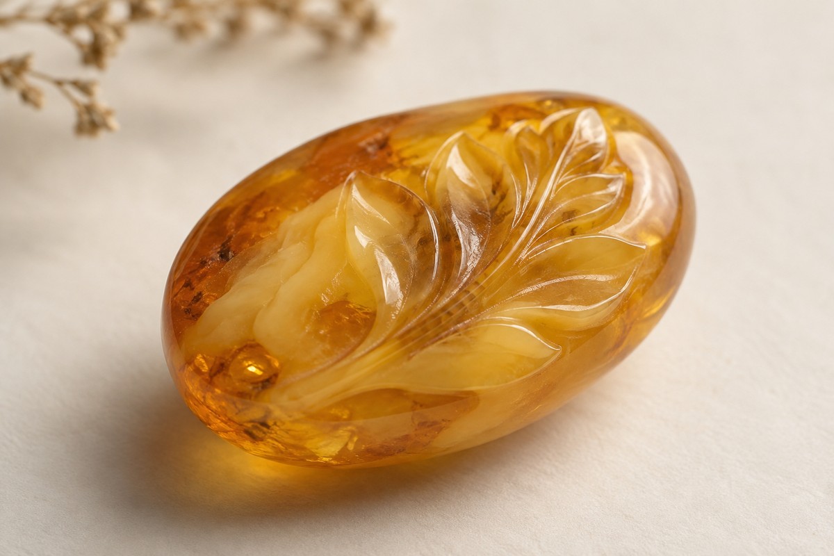 Amber carving with a raised leaf motif and cream-colored areas
