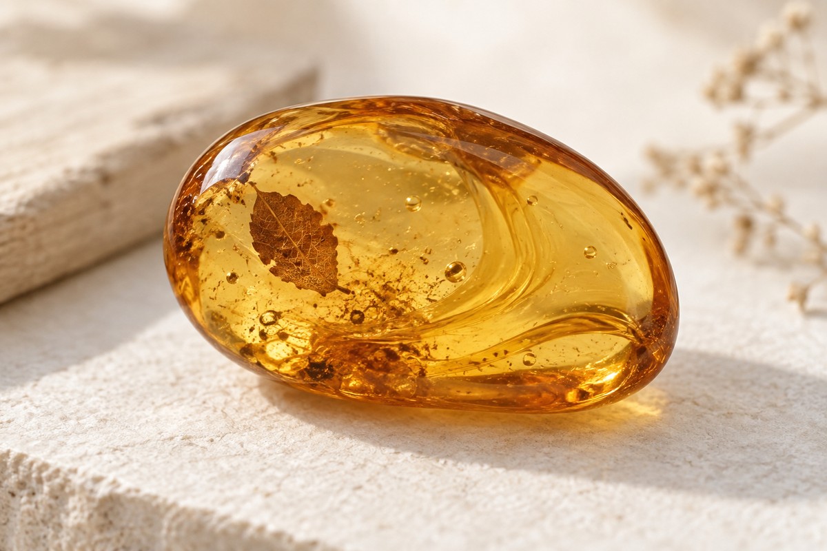 A small leaf fragment and curved flow lines inside translucent amber.