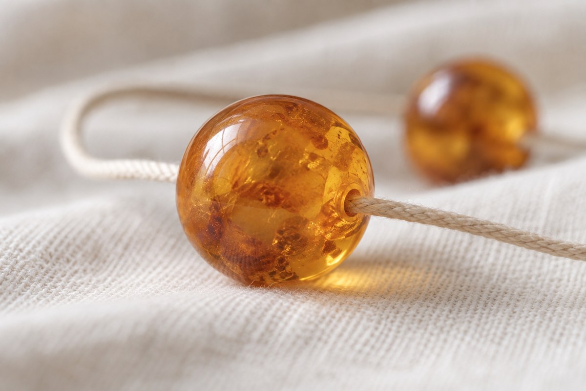 A beige cord passes through the small opening of a rounded amber bead.
