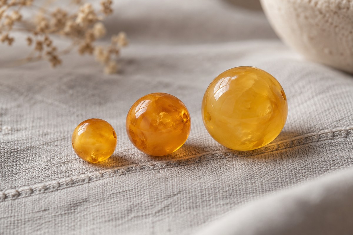 Three rounded amber beads of different sizes rest on gray linen.
