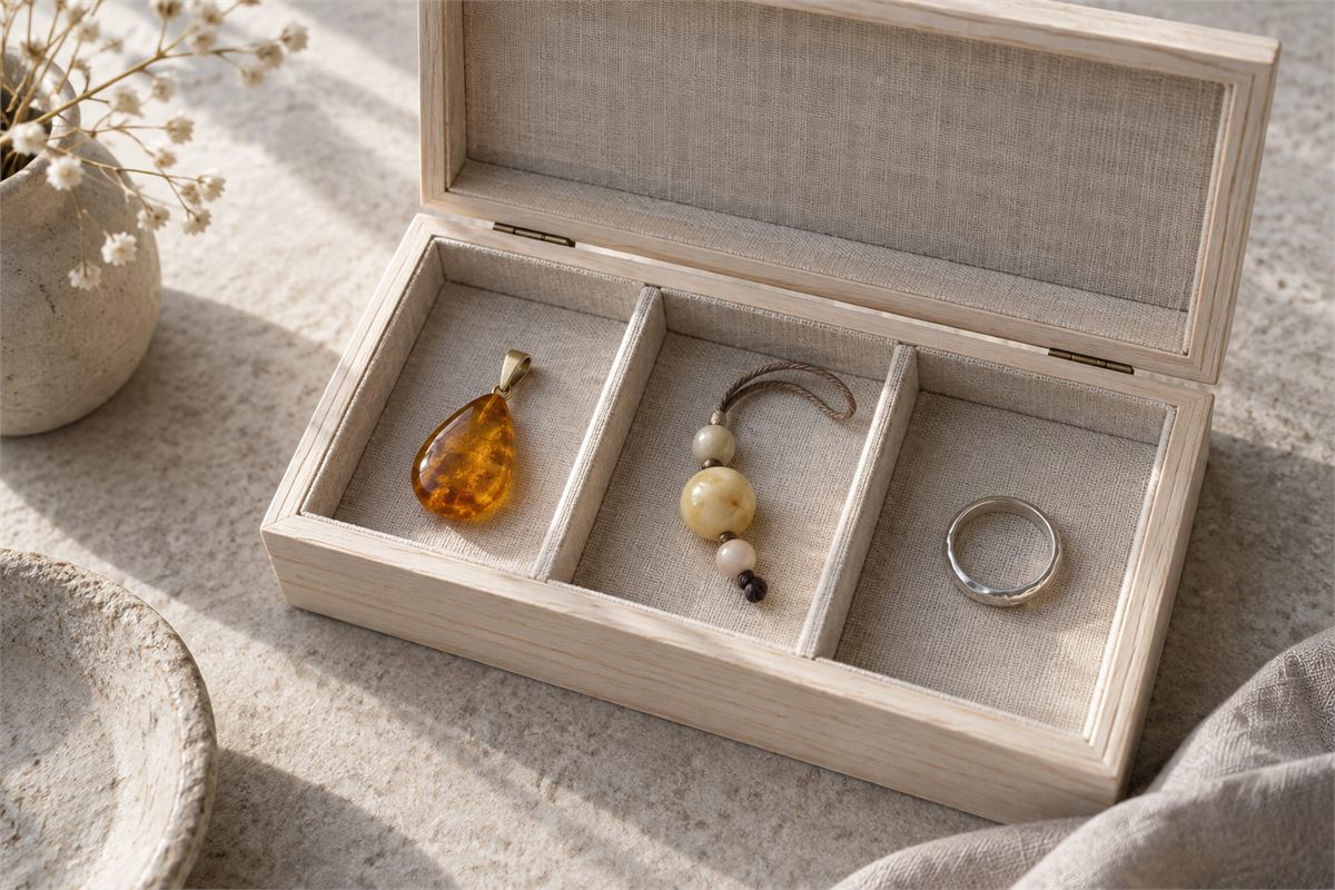 An amber pendant, a creamy bead ornament, and a silver ring sit in separate lined compartments.