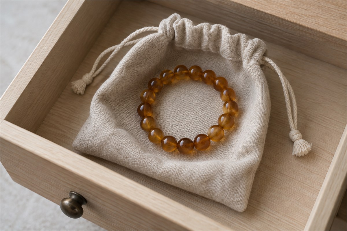 An amber bracelet resting inside an open soft fabric pouch in a shallow drawer.