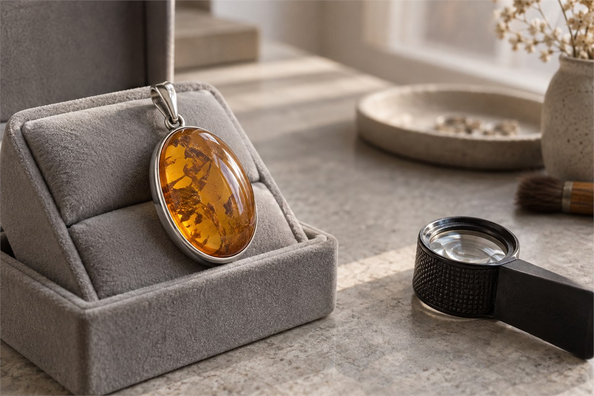 An oval amber-colored pendant rests in a padded cradle beside a loupe.