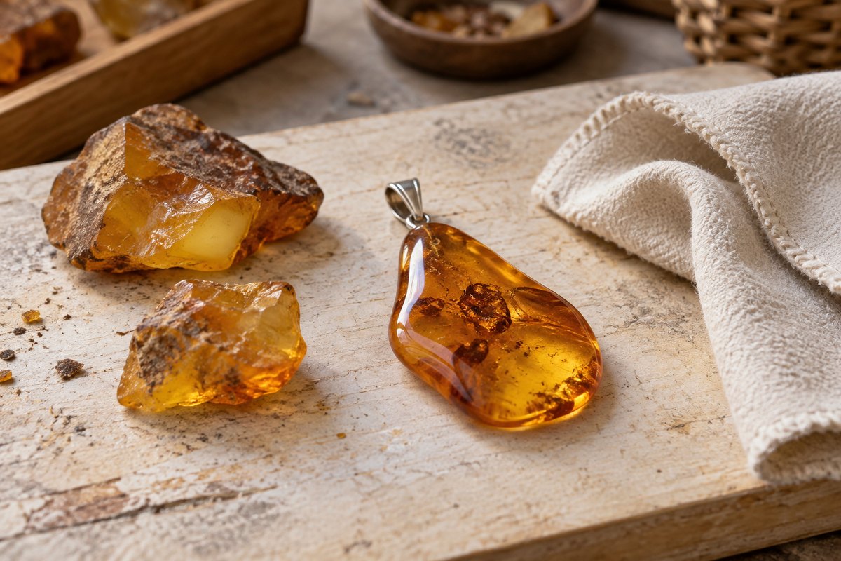 A polished amber pendant rests beside irregular offcuts and a soft cloth.