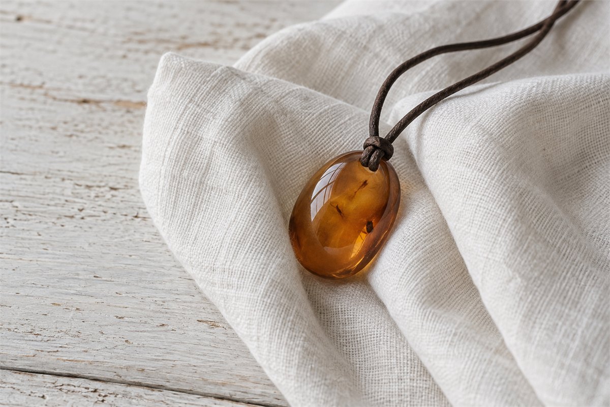 A smooth amber pendant resting on a clean folded cotton cloth.