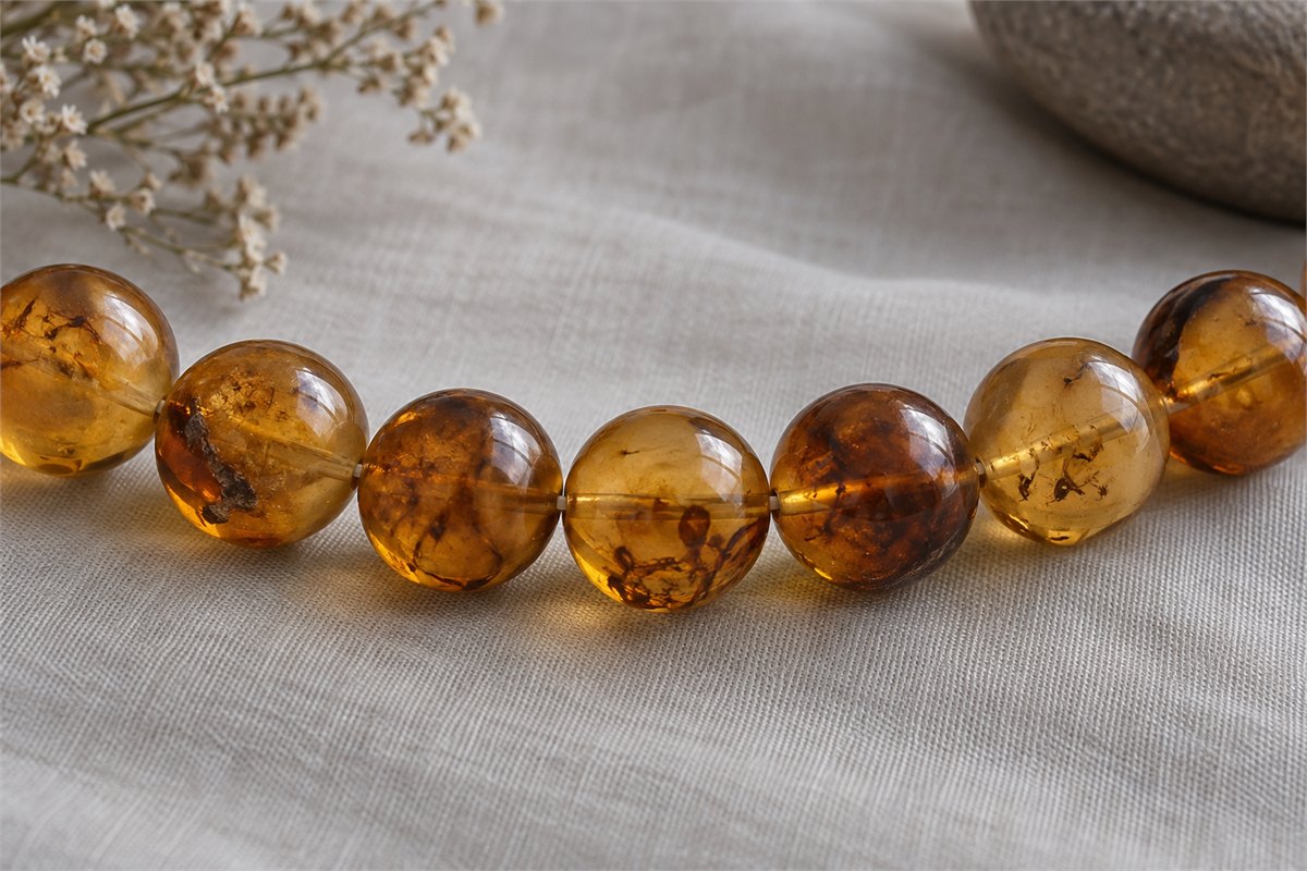 A curved section of connected amber beads with varied honey and brown tones.